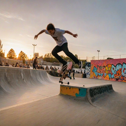 Blurry action shot of a skateboarder mid-air at a skatepark, sunset in the background, colorful graffiti on the ramps and walls, soft shadows stretching across the concrete, a small crowd gathered in the distance, some holding up phones to capture the moment.