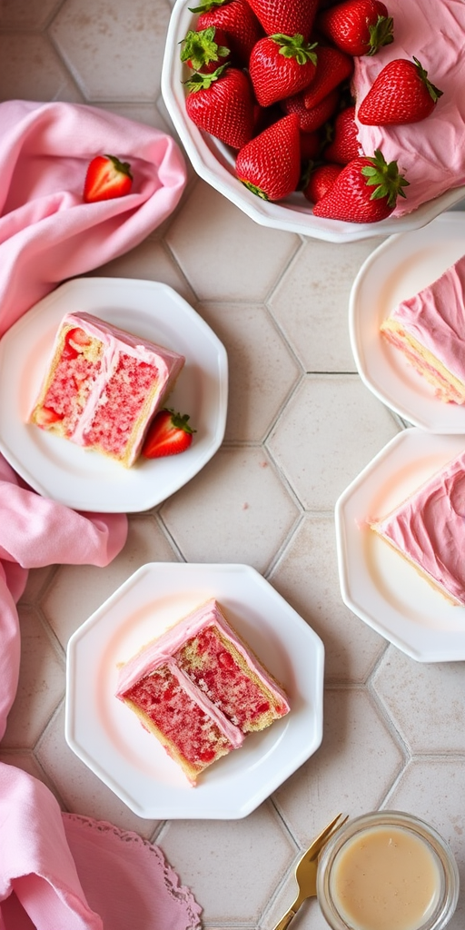 A beautifully arranged dessert table featuring slices of strawberry cake with pink frosting on white plates, accompanied by fresh strawberries in a bowl, set on a hexagonal tile surface with a soft pink fabric draped elegantly.