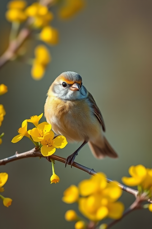 Close-up of a small bird perched on a branch surrounded by vibrant yellow flowers, shallow depth of field, soft natural lighting, DSLR camera, 50mm lens, aperture f/2.8, ISO 200, shot at 1/1000 sec, focus on the bird's details.