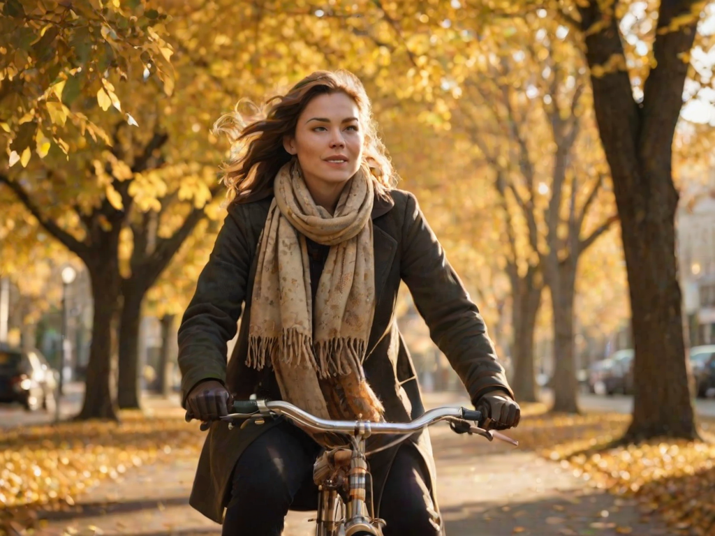 Softly focused photo of a woman riding a vintage bicycle through a tree-lined street in autumn, soft golden light filtering through falling leaves, her scarf trailing behind in the wind.