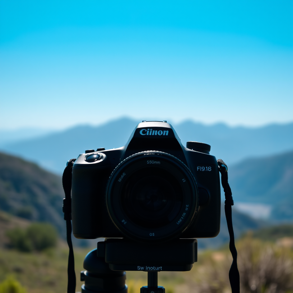 Create an image of a serene landscape with mountains in the background and a clear blue sky, using a DSLR camera with a 50mm lens, aperture set to f/1.8, ISO 100, and a shutter speed of 1/200s, taken from a slightly elevated angle to capture depth and detail.