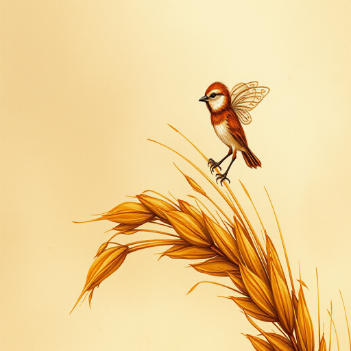 Soft, muted Alcohol Ink with ebru effect background image of tiny whimsical gazalle, who climbed high on the top of a golden rye ear.