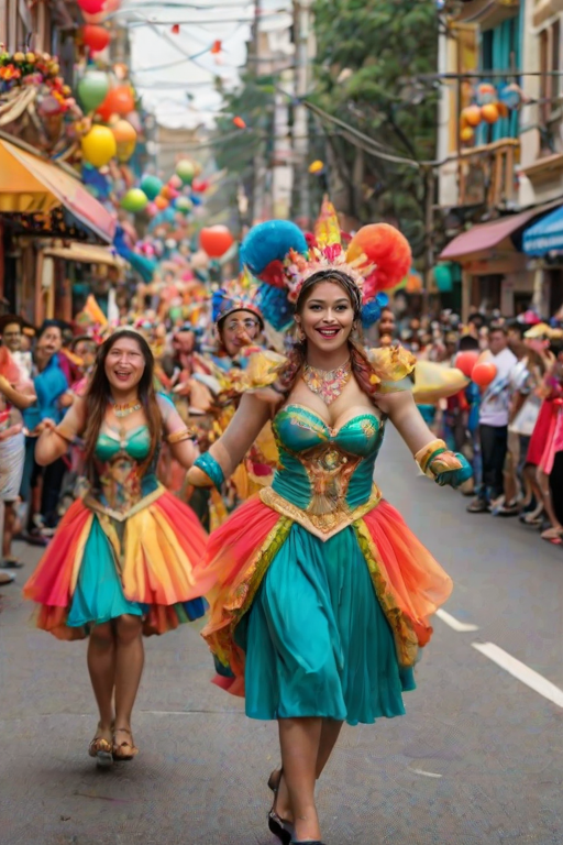 Colorful parade, with floats and performers dressed in vibrant costumes, people cheering along the route, and festive decorations adorning the street, capturing a sense of celebration.