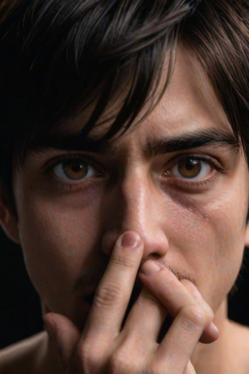detailed edges, detailed image, perfection style, A cinematic detailed image of a surprised man covering his mouth with his hand in fear, movie themed, sharp, detailed background, epic cinematic photography, artistic style, dramatic light style, cinematic color style, Kodak 35mm film style, detailed style, hand focus style, 1girl, looking at viewer, black hair, 1boy, brown eyes, male focus, solo focus, blurry, black eyes, lips, fingernails, pov, black background, close-up, veins, realistic, pov hands, dark, hand on another's face, solo, simple background, tears, portrait, short hair, eye focus, eren yeager