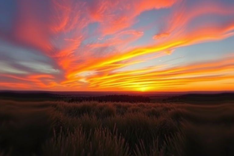 Generate a high-resolution image of a scenic landscape at sunset with vibrant colors, using a DSLR camera, 50mm lens, f/1.8 aperture, ISO 100, and a view from eye level, capturing the depth of field and rich textures in the foreground.