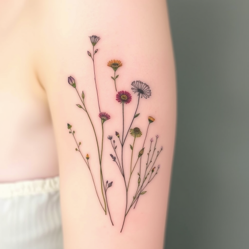 Delicate botanical tattoo called "Whispers of Spring" featuring a collection of delicately rendered wildflowers and herbs in soft, muted colors that appear to be gently pressed onto the skin like a fragile paper cutting, with fine linework and subtle shading creating a sense of depth and texture that mimics the delicate nature of pressed flowers