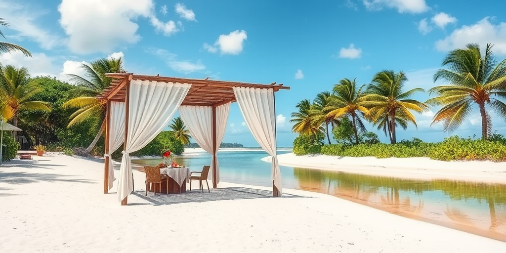 Create a picturesque tropical beach scene featuring a serene, white sandy shore. In the foreground, there's a rustic wooden canopy with white drapes gently flowing in the breeze. Underneath the canopy, a table is set with tropical decor, evoking a sense of relaxation and leisure. The beach extends into a calm, shallow water area with reflections of the sky and surroundings. Palm trees and lush greenery line the edge of the beach, providing a natural, tropical backdrop. The sky is clear with a few scattered clouds, and the overall atmosphere is tranquil and inviting, perfect for a peaceful retreat.