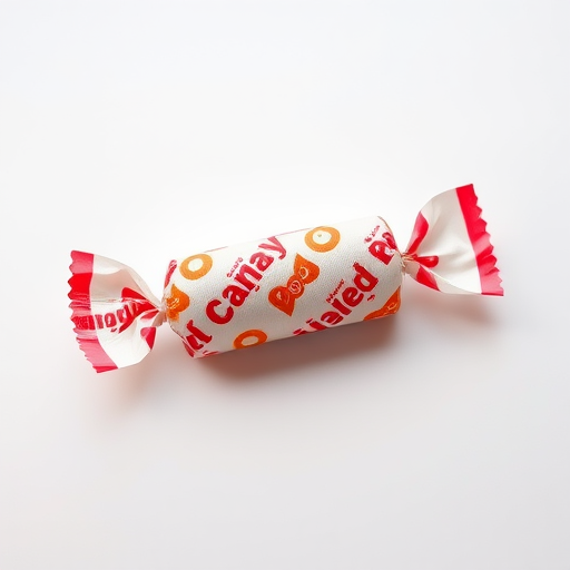 Create a high-resolution image of a wrapped candy on a transparent background with soft lighting, 50mm lens, f/2.8 aperture, ISO 100, shot from a slight overhead angle using a DSLR camera.
