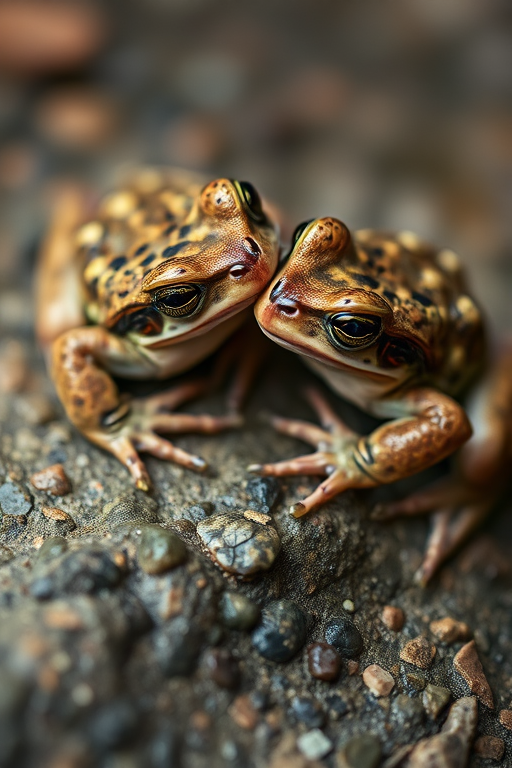 Close-up of two toads mating on a stone surface, shallow depth of field, 50mm lens, aperture f/2.8, ISO 200, natural light, macro photography technique.