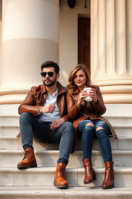 A couple sitting on stairs by a column, casual street fashion, man in sunglasses and leather jacket with brown boots, woman in leather jacket holding a coffee cup, wide-angle shot, natural light, aperture f/4, shutter speed 1/200s, ISO 100, DSLR camera