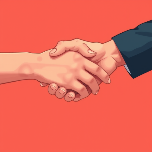 Create an illustration of two hands clasping each other on a solid coral background, using a digital art style with a soft focus effect, simulated shallow depth of field, and a high-resolution setting of 300 DPI for clarity.