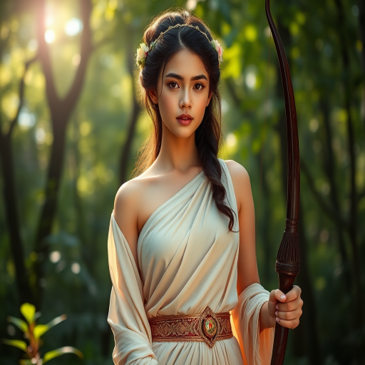 Create a portrait of a goddess-like Malay girl figure in a tranquil, forested environment. She has an elegant appearance with long, wavy hair styled in an updo and adorned with a delicate, floral headband. She wears a flowing, ancient Greek-inspired gown in a soft, pale color, featuring a one-shoulder design and draped fabric that accentuates her graceful form. The outfit includes a decorative belt with ornate gold detailing, and she holds a bow in her hand, with a quiver of arrows slung over her shoulder. The background depicts lush greenery, with sunlight filtering through the trees, casting a gentle, ethereal light on the scene. Her expression is calm and contemplative, embodying a sense of wisdom and serenity.