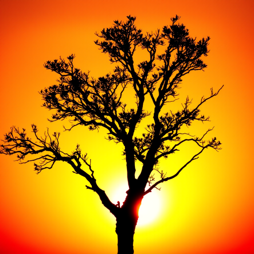 Create an abstract, black silhouette of a tree against a bright, textured sunset background with vibrant oranges and yellows, using a DSLR camera, 50mm lens, f/1.8 aperture, ISO 200, shot at sunset for rich color saturation and depth.