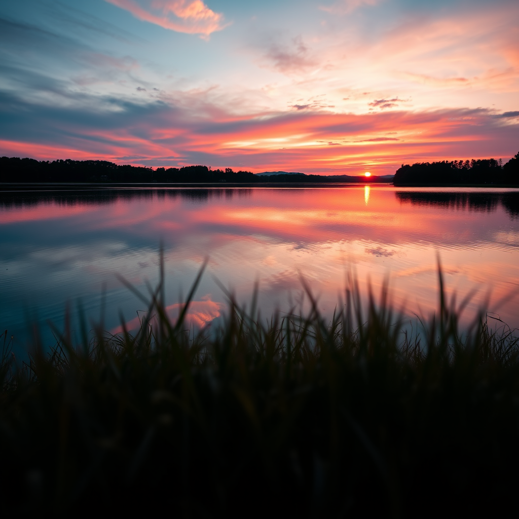 Capture a high-resolution image of a serene sunset over a tranquil lake, with vibrant colors reflecting on the water, using a Canon EOS R5, 24mm lens, f/8 aperture, 1/60 shutter speed, ISO 100, from a low angle perspective for added depth.