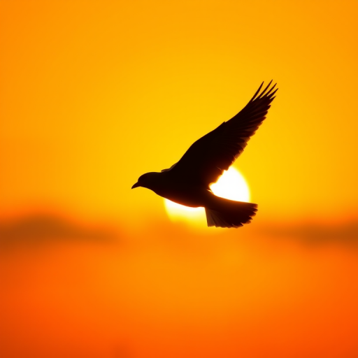 Create a high-resolution silhouette of a bird in flight against a gradient sunset background, captured with a Canon EOS R5 camera at f/4.0, ISO 100, and 1/2000s shutter speed, using a wide-angle lens for a dynamic view.