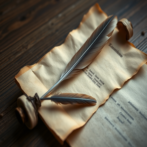 Create an image of an aged parchment scroll with a feather quill resting on it, using a Canon EOS 5D Mark IV, 50mm lens, f/1.8 aperture, 1/125 sec shutter speed, and natural light for a soft focus effect.