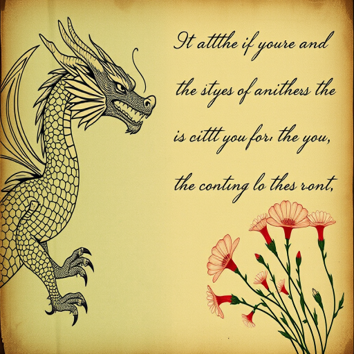 Create a vintage-style illustration featuring an intricately detailed dragon on the left side, with a soft green textured background and faded handwritten script, complemented by delicate flowers at the bottom right, captured with a DSLR camera, using a shallow depth of field, aperture f/2.8, ISO 100, focal length 50mm, and a slightly tilted angle for added interest.