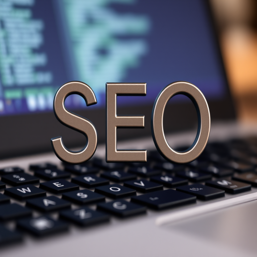 Create an image of the word SEO prominently displayed over a blurred computer keyboard background with a soft-focus effect, using a DSLR camera with a 50mm lens, f/1.8 aperture, ISO 100, and a shallow depth of field to enhance clarity and detail.