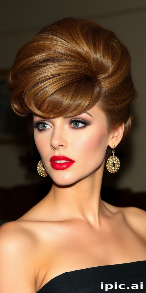 Glamorous diva flaunting a voluminous, 1960s-inspired bouffant hairstyle with a deep side part and honey blonde highlights