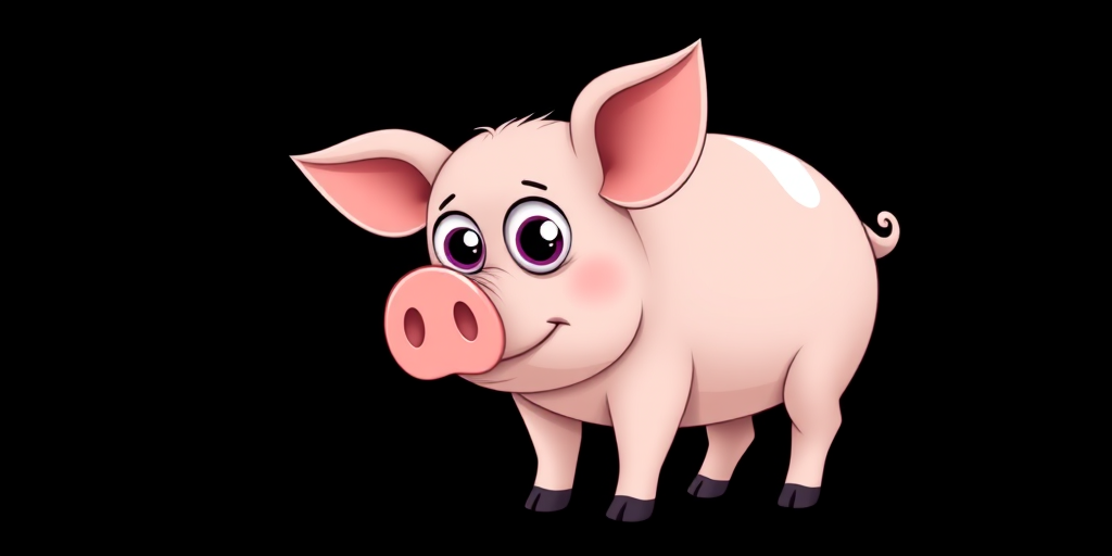 Create a cute cartoon pig with large expressive eyes, standing on all fours, using a DSLR camera with an f/2.8 aperture, 50mm lens, 1/200 shutter speed, and a vibrant color palette against a solid black background.