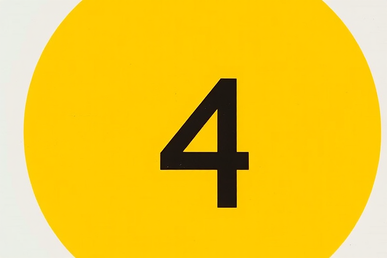 Create a high-resolution image of a yellow circle with a bold black number 4 in the center, using a DSLR camera, 50mm lens, aperture f/2.8, shutter speed 1/125s, and ISO 100 for optimal clarity and detail.