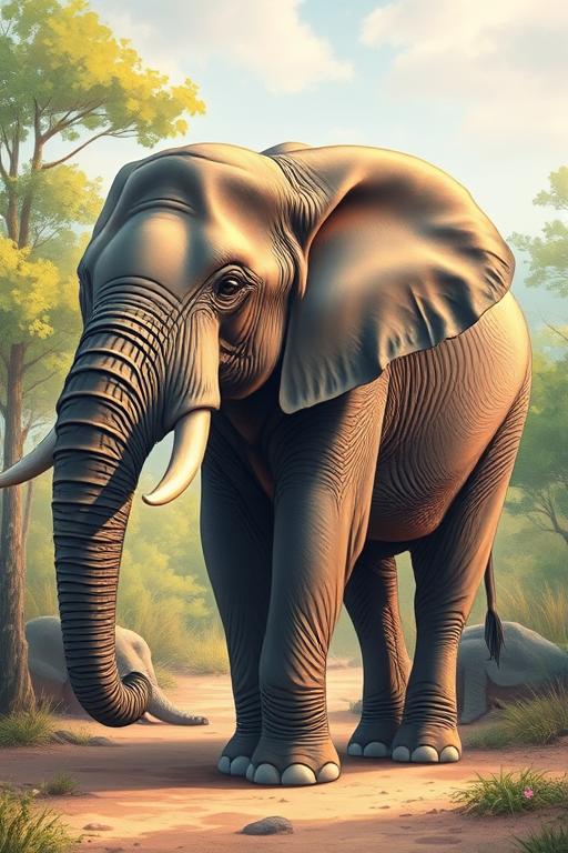 Create a detailed illustration of a standing elephant in a natural setting with soft lighting, using a DSLR camera with a 50mm lens, aperture f/2.8, ISO 100, shooting in portrait mode for enhanced depth of field and clarity.