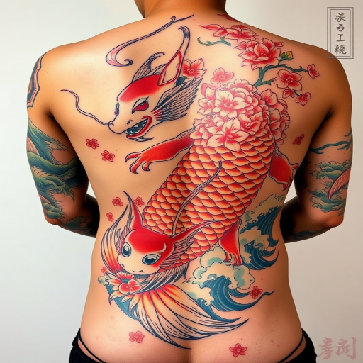 Japanese-inspired irezumi tattoo of a koi fish transforming into a dragon, flowing across the entire back, with waves and cherry blossoms in traditional colors