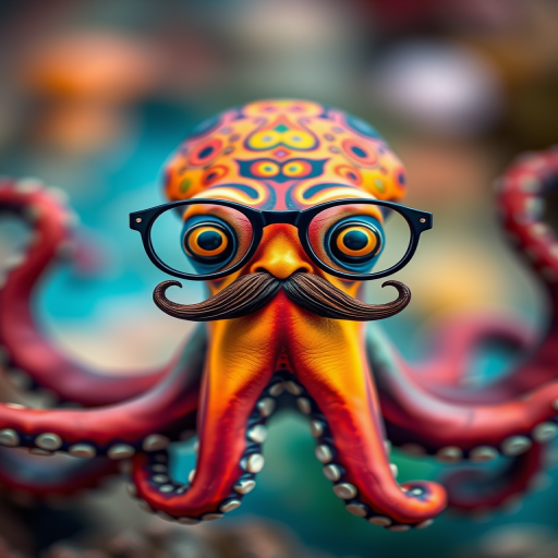 Regenerate an artistic illustration of a whimsical octopus wearing glasses and a mustache, showcasing vibrant colors and intricate patterns, captured with a Canon EOS R5 at f/2.8, ISO 100, 50mm lens, in a close-up view with a soft focus background for enhanced detail.