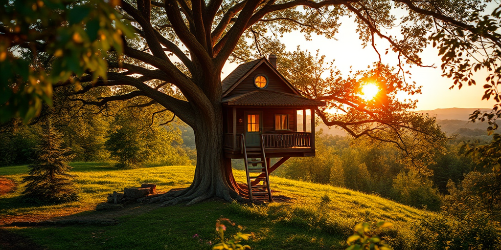 A magical treehouse in a lush landscape at sunset, captured with a Canon EOS R5, aperture f/8, ISO 100, 24mm focal length, golden hour lighting, soft focus to enhance warmth and depth.