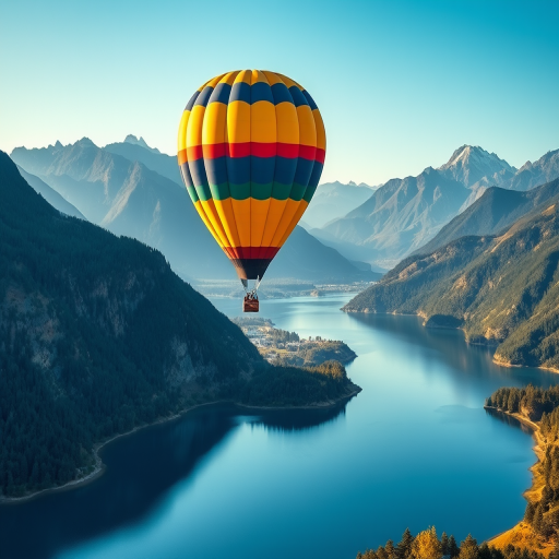 Create a vibrant landscape image of a hot air balloon with colorful stripes flying over a tranquil lake, surrounded by majestic mountains and lush greenery, captured with a Canon EOS 5D Mark IV at f/8, ISO 100, 1/250 sec, in natural sunlight for enhanced clarity and detail.