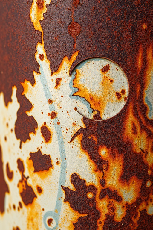 macro shot of rusted metal surface with peeling paint and textures, f/8 aperture, 1/125s shutter speed, ISO 100, 50mm lens, natural light, DSLR camera