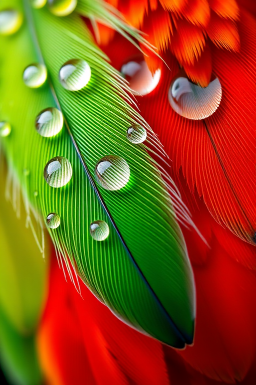 macro shot of green and red feathers with water droplets, f/2.8, ISO 100, 1/60s, 100mm lens, natural light, soft focus background, high-resolution detail