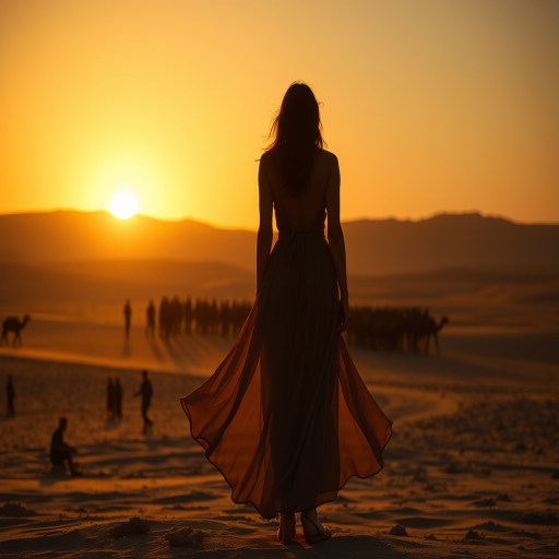 desert landscape at sunset with a silhouetted woman in a flowing dress standing before a crowd of figures, backlit by the golden sun, harsh shadows, and soft focus, shot with a Canon EOS R5, 24mm lens, aperture f/8, ISO 100, shutter speed 1/250 sec, wide angle view, cinematic style