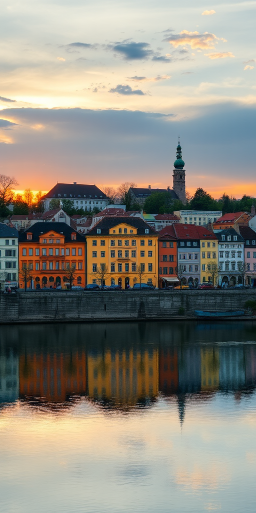 Regensburg cityscape with colorful buildings reflecting on the Danube River at sunset, camera settings: ISO 100, aperture f/8, shutter speed 1/125 sec, camera view: wide-angle, camera style: landscape photography, camera type: DSLR.