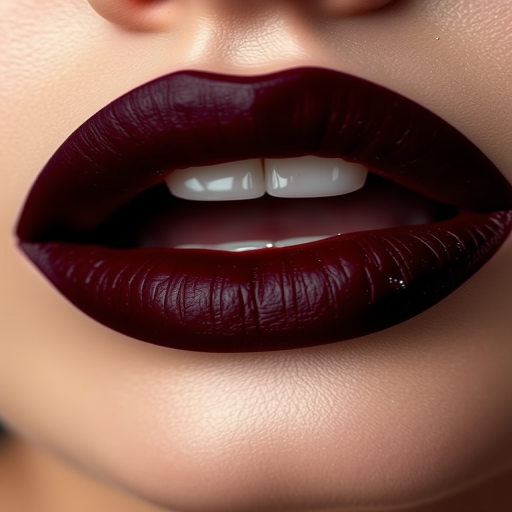 Velvety matte burgundy lips with "Wine Noir" style, enhanced by a subtle black outline and tiny flecks of silver glitter for a dramatic and sophisticated look