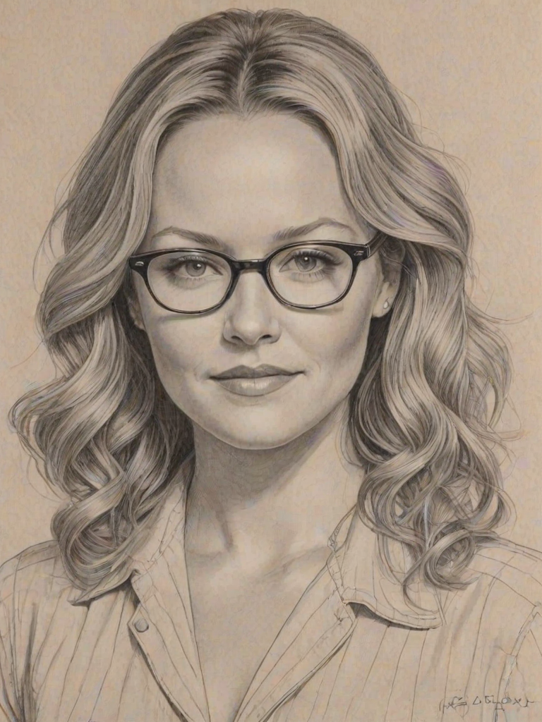 Comely Becki Newton, pencil sketch, portrait of Delightful woman 1943s in glasses, hair style beatnik, outline, clear lines, fine lines, 8k