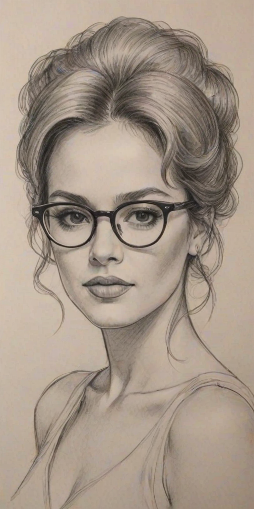 Exquisite Bella Poarch, pencil sketch, portrait of Wonderful woman 1977s in glasses, hair style beatnik, outline, clear lines, fine lines, 8k