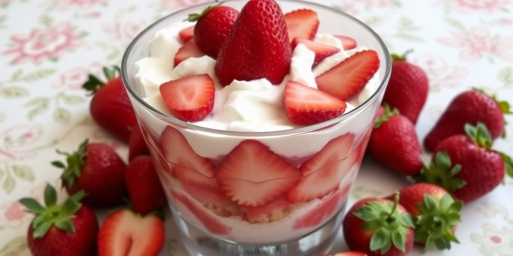 A glass dessert trifle with layers of strawberries, whipped cream, and cake pieces topped with fresh strawberries on a patterned tablecloth with additional strawberries around it.