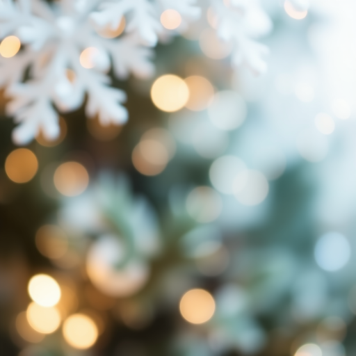 Generate an abstract image featuring soft, shimmering lights and blurred textures resembling festive decorations. Include elements that suggest a holiday atmosphere, with a focus on silver and white tones. Emphasize bokeh effects and a dreamy quality.