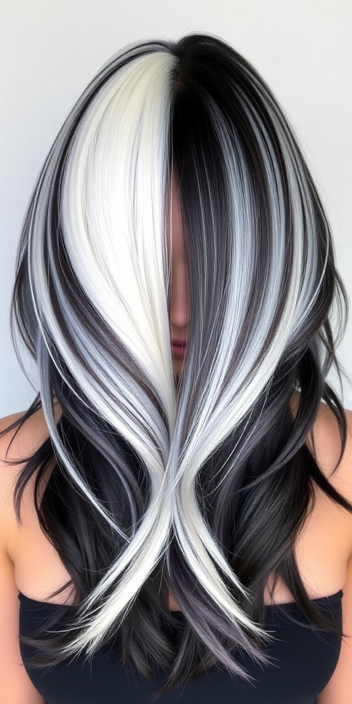 Striking platinum and onyx two-tone hairstyle called "Yin Yang Harmony" features a perfectly balanced split down the middle, showcasing contrasting textures and lengths