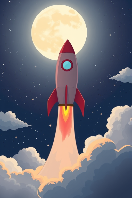 illustration of a cartoon rocket launching into a starry night sky with a large moon, surrounded by fluffy clouds, shot with a DSLR camera at f/8, ISO 200, 50mm lens, with a wide-angle view to enhance depth and clarity