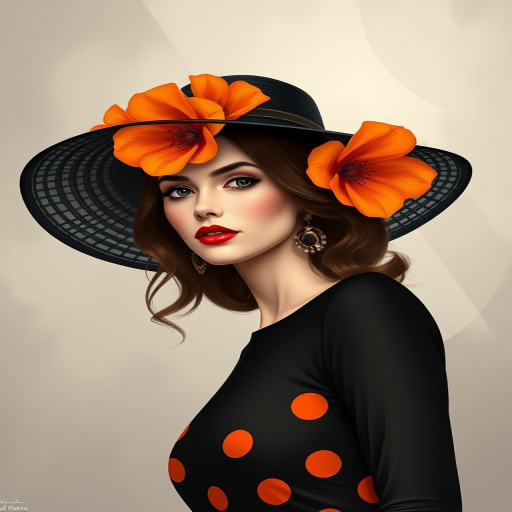 Create an illustration of a woman in a stylish black hat adorned with large orange flowers, wearing a black dress with orange polka dots, captured in high resolution with a DSLR camera, using a 50mm lens at f/2.8, with soft, diffused lighting for a painterly effect.