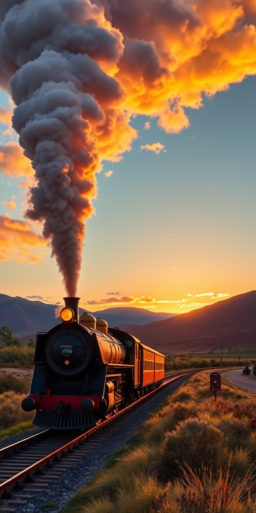 Create a high-resolution image of a classic steam locomotive traveling through a scenic landscape at sunset, capturing the billowing smoke and warm light, using a DSLR camera with an aperture of f/8, ISO 100, 50mm lens, in a vibrant, saturated color style.