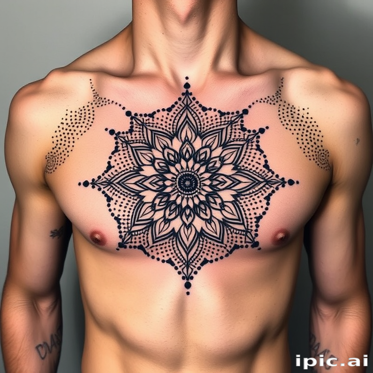 Dotwork mandala tattoo adorning the sternum and upper chest, creating a mesmerizing symmetrical design with thousands of precise black dots