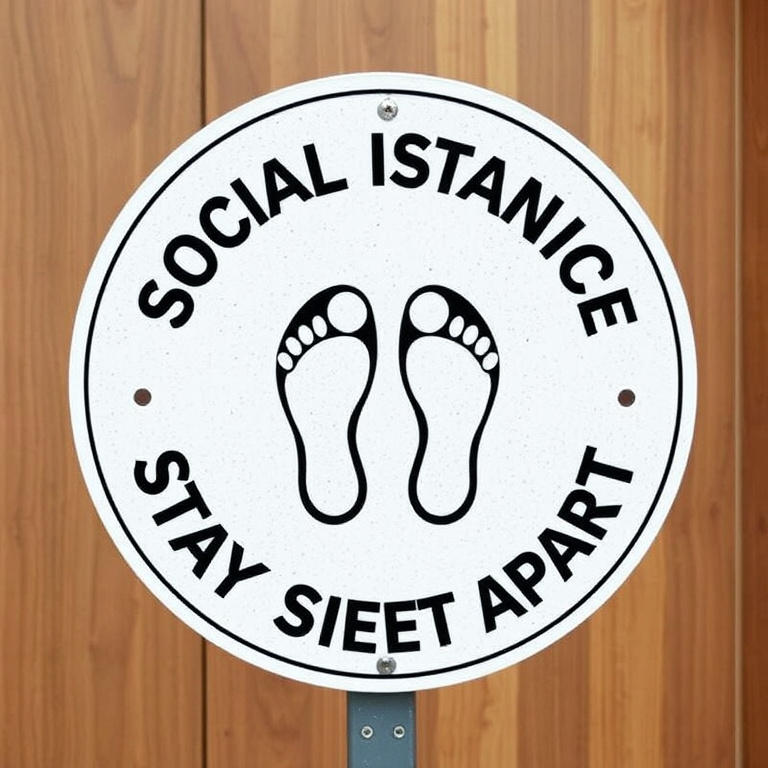 Regenerate an image of a circular social distancing sign featuring two shoe prints in the center and the text "PLEASE PRACTICE SOCIAL DISTANCING STAY SIX FEET APART" around the edge, using a Canon EOS 5D Mark IV camera with a 50mm lens, f/2.8 aperture, ISO 100, and a focus on high contrast and clear visibility, shot from a straight-on view to enhance legibility.