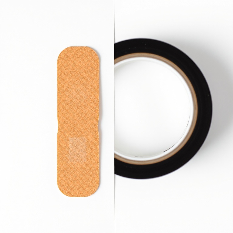 Create a high-resolution image of a band-aid and a roll of black tape side by side on a white background, using a DSLR camera with a 50mm lens, aperture set to f/1.8 for shallow depth of field, ISO 100, and a soft diffused lighting setup.