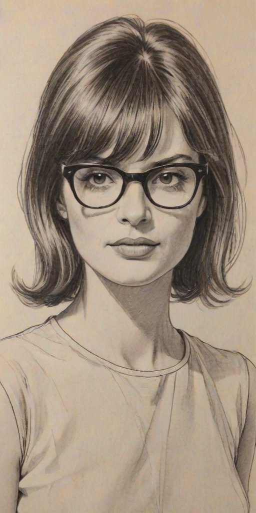 Fascinating Cathy Horyn, pencil sketch, portrait of Graceful woman 1962s in glasses, hair style beatnik, outline, clear lines, fine lines, 8k