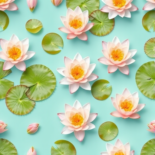 Create a seamless pattern of delicate water lilies on a light turquoise background, using a Canon EOS R6 camera with a 50mm f/1.8 lens, aperture set at f/4, ISO 100, and a soft focus style to enhance image quality.