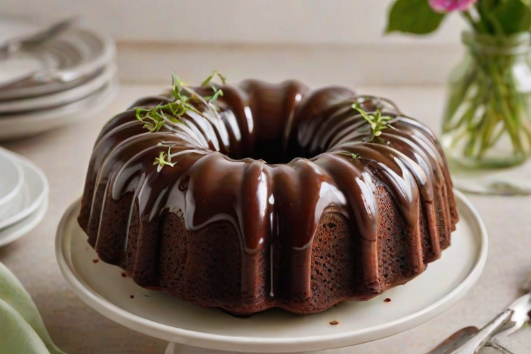 Create a visually appealing image of a chocolate bundt cake with a glossy glaze. The cake should be decorated with fresh herbs or edible flowers on top, placed on a simple white cake stand. The background should be neutral and softly lit to highlight the cake's rich texture and details.