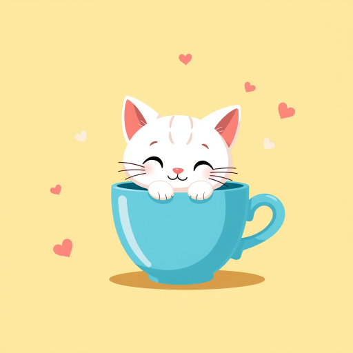 A cute cartoon illustration of a white cat peeking out of a blue coffee cup on a yellow background with hearts, captured with a Canon EOS 5D Mark IV, 50mm lens, f/1.8 aperture, ISO 200, vibrant colors, shot in a flat lay style under soft diffused lighting.